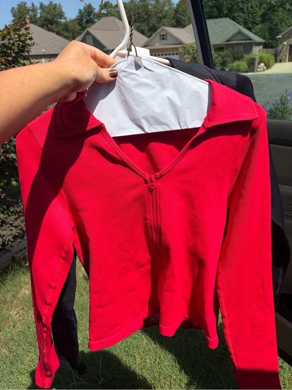 Black Zip Front Jacket with Red Layered Top - Picture 2 of 3